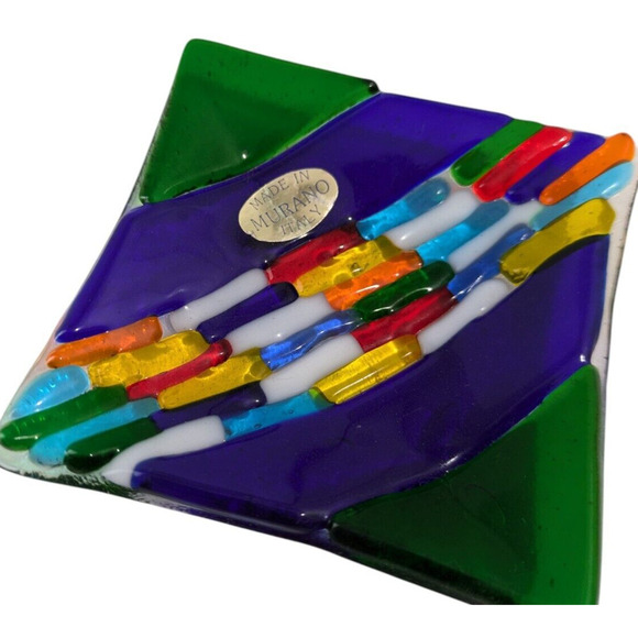 Murano Glass Small Jewelry Ring Tray Made In Italy Green Blue Striped Small - Picture 2 of 5
